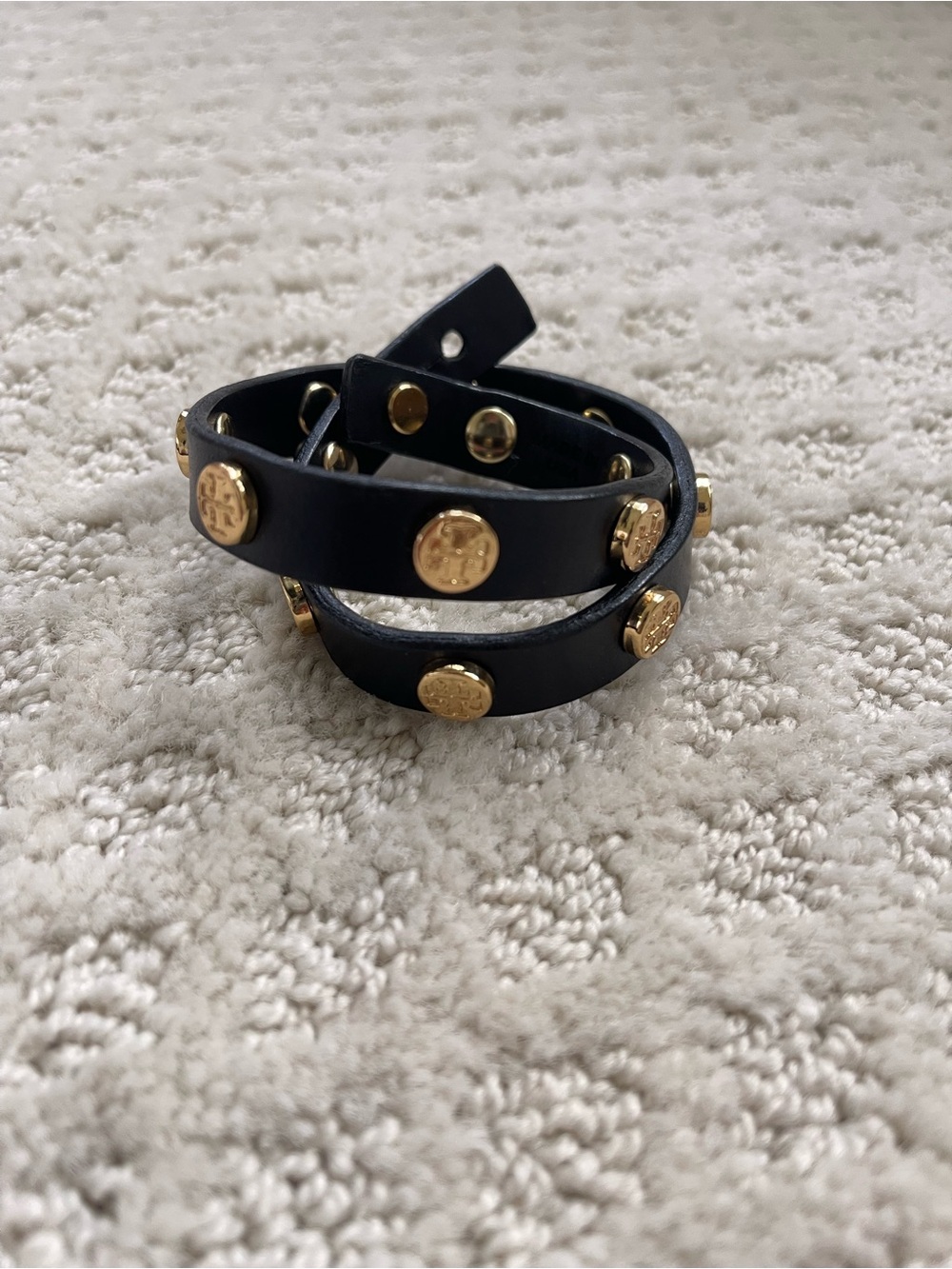 Authentic Tory Burch Black Leather Double Wrap Stud Bracelet w/ Gold Medallions